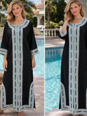 Vintage Casablanca Women's Black Brocade Trim Morroccan Zip Caftan Sz S